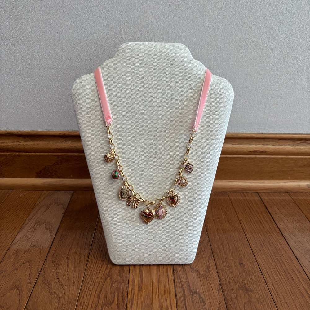Gold Tone Charm Necklace with Pink Ribbon Neck Tie